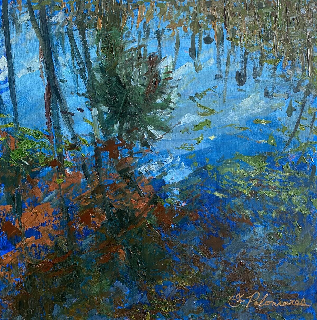 "Echo Park 2020" is a painting of treetops reflected in the water of the L.A. lake. 