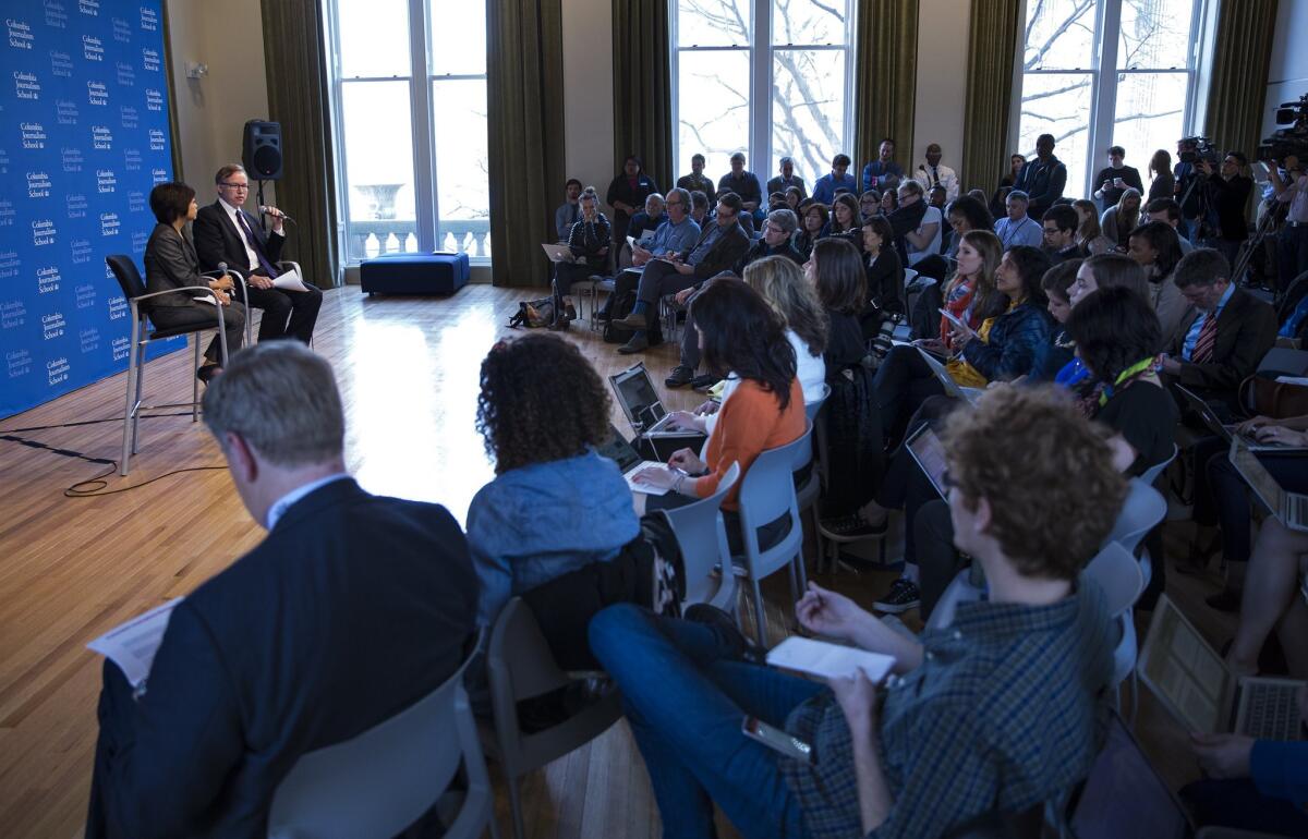 At a news conference in New York on Monday, Columbia Journalism School Academic Dean Sheila Coronel, left, and Columbia Journalism School Dean Steve Coll discuss the findings of a report on Rolling Stone magazine's expose of what it called a culture of sex assaults at the University of Virginia. Rolling Stone retracted the story.