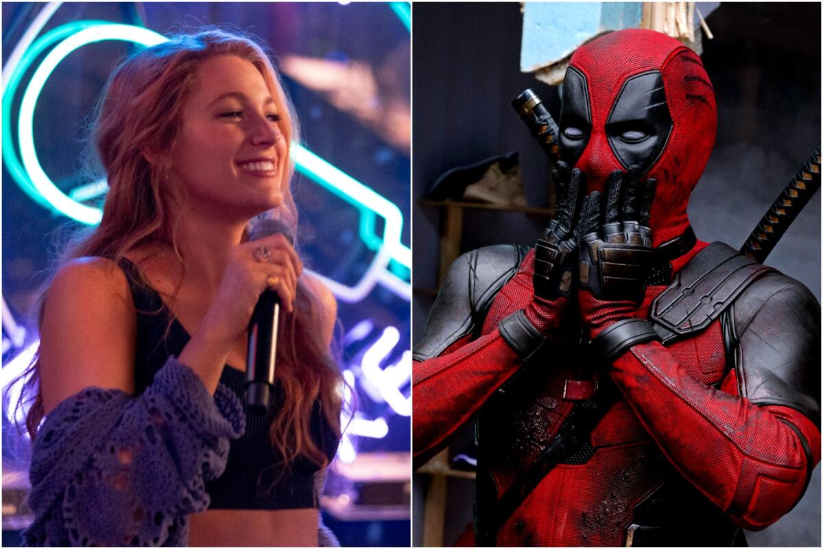 A split image of Blake Lively holding a microphone, and Ryan Reynolds as Deadpool covering his mouth