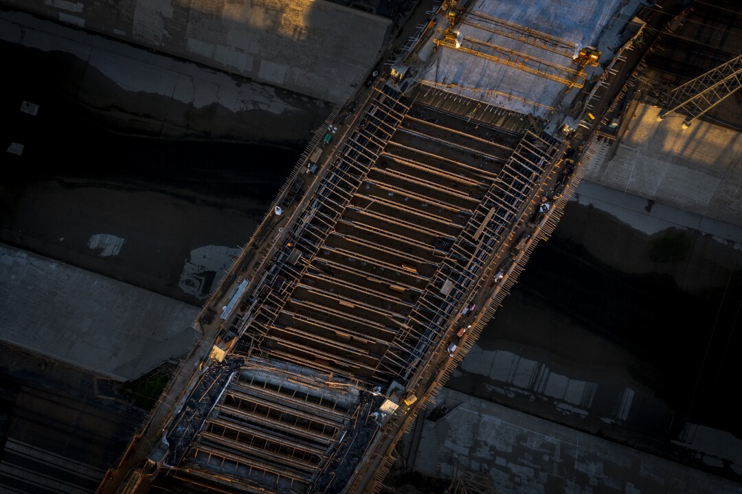 An aerial view of the new section of bridge over the L.A. River
