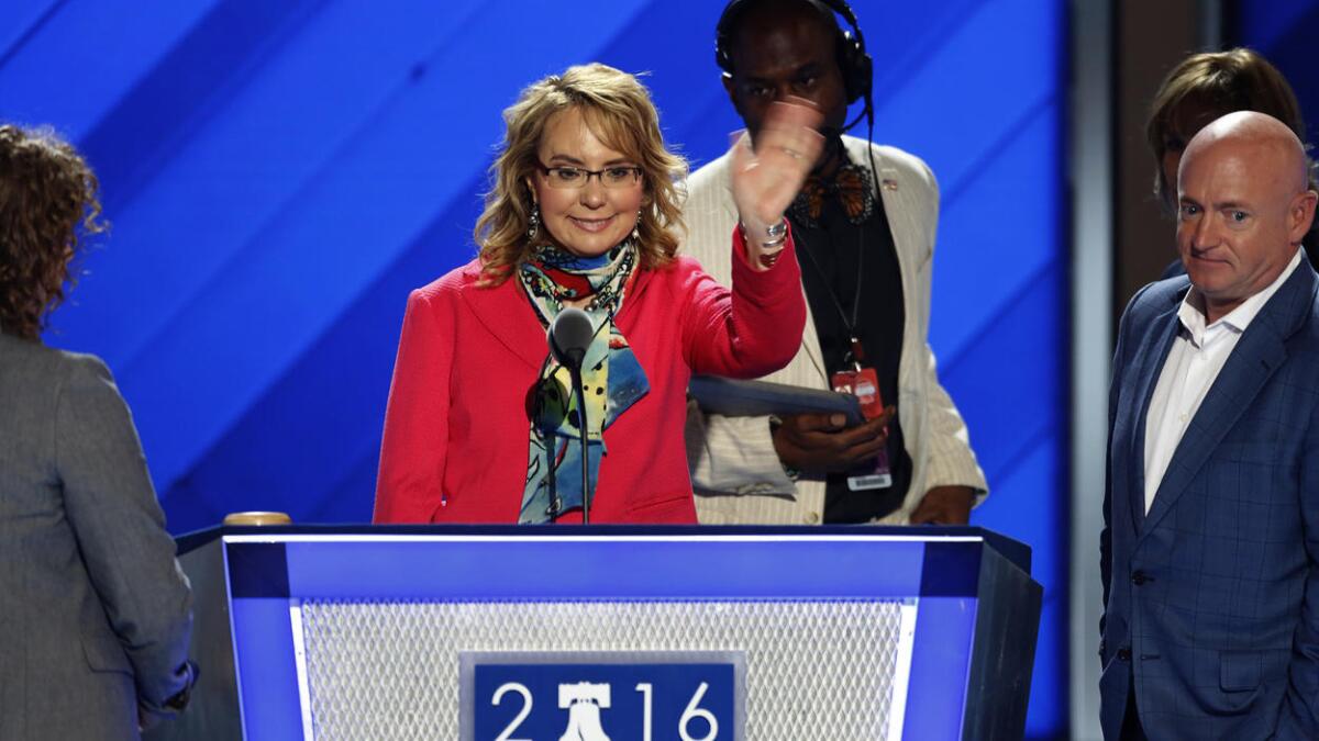 Former Arizona congresswoman Gabrielle Giffords practices for her speech at the Democratic National Convention Monday night.