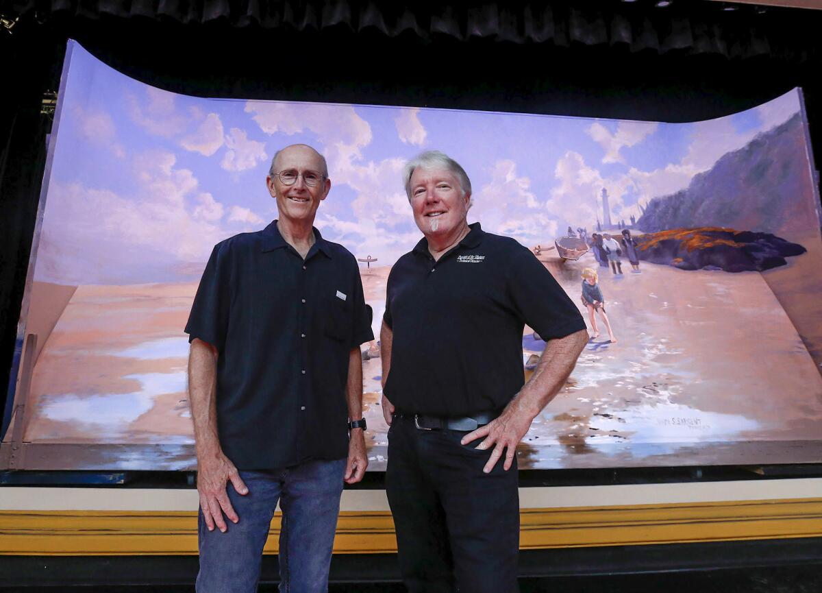 Dan Duling and Butch Hill, from left, stand in front of a piece featured as the builder set in the Pageant of the Masters.
