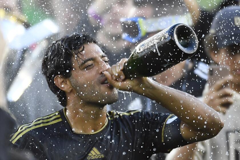 LAFC forward Carlos Vela rejoices in the team's victory over the Philadelphia Union in the MLS Cup final Nov. 5, 2022.