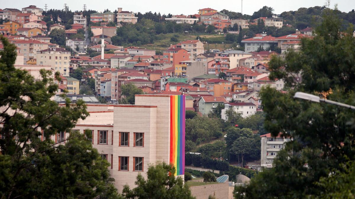 A large rainbow flag adorns a side of the United States consulate in Istanbul, Turkey on June 14.
