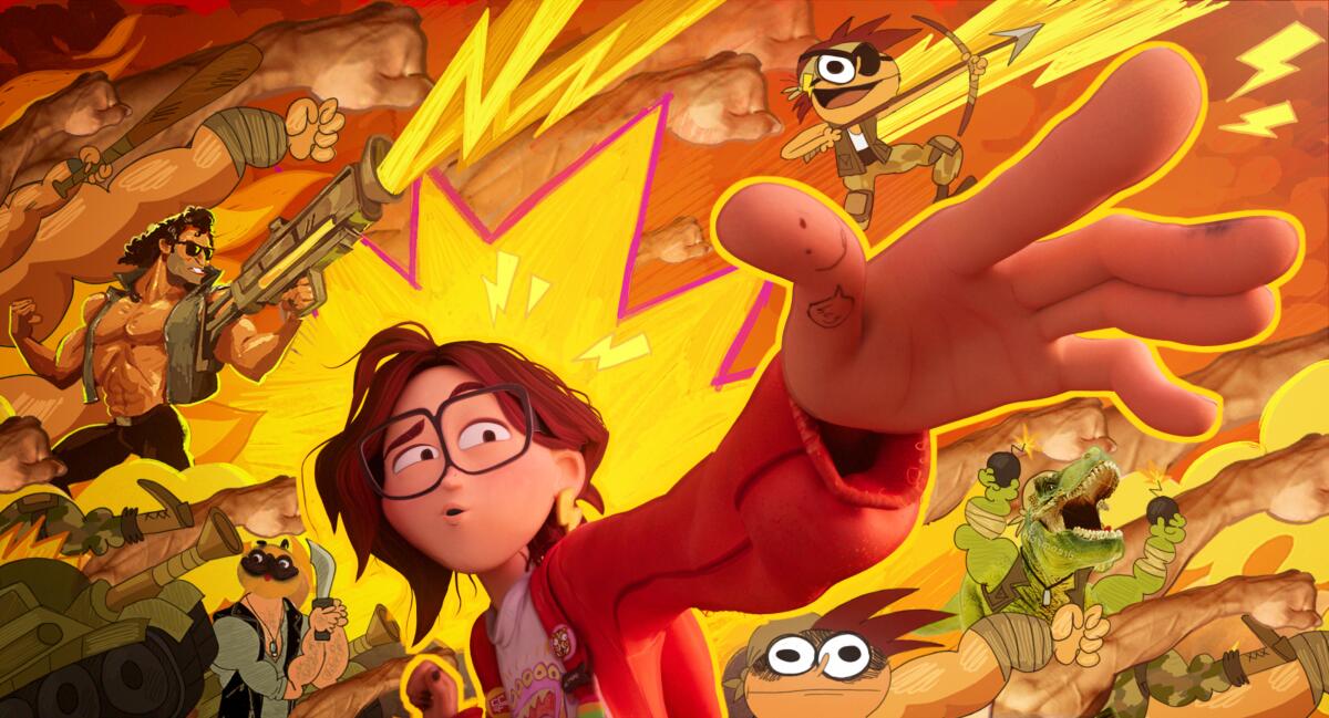 Animation of a girl reaching out with one hand, surrounded by cartoon figures and lightning bolts.