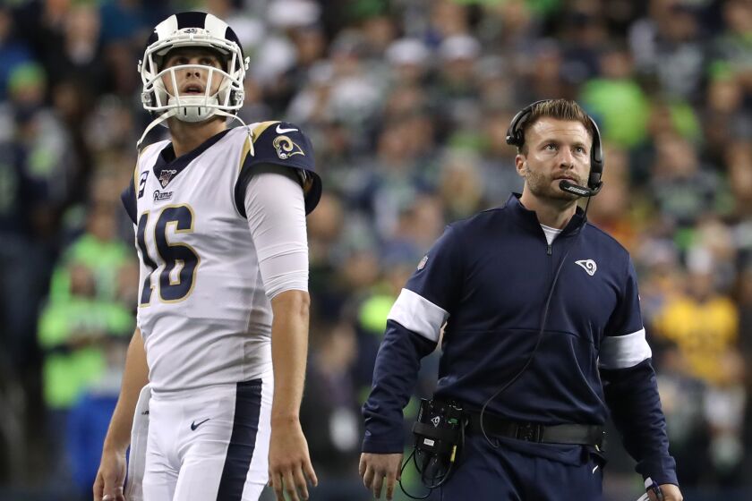 SEATTLE, WASHINGTON - OCTOBER 03: Jared Goff #16 and head coach Sean McVay of the Los Angeles Rams react after throwing an incomplete pass on third down in the fourth quarter against the Seattle Seahawks during their game at CenturyLink Field on October 03, 2019 in Seattle, Washington. (Photo by Abbie Parr/Getty Images)