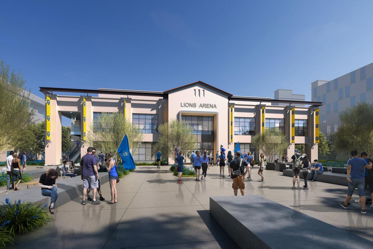 A rendering of the outside of Lions Arena, which is slated to open on the Vanguard University campus in 2024.