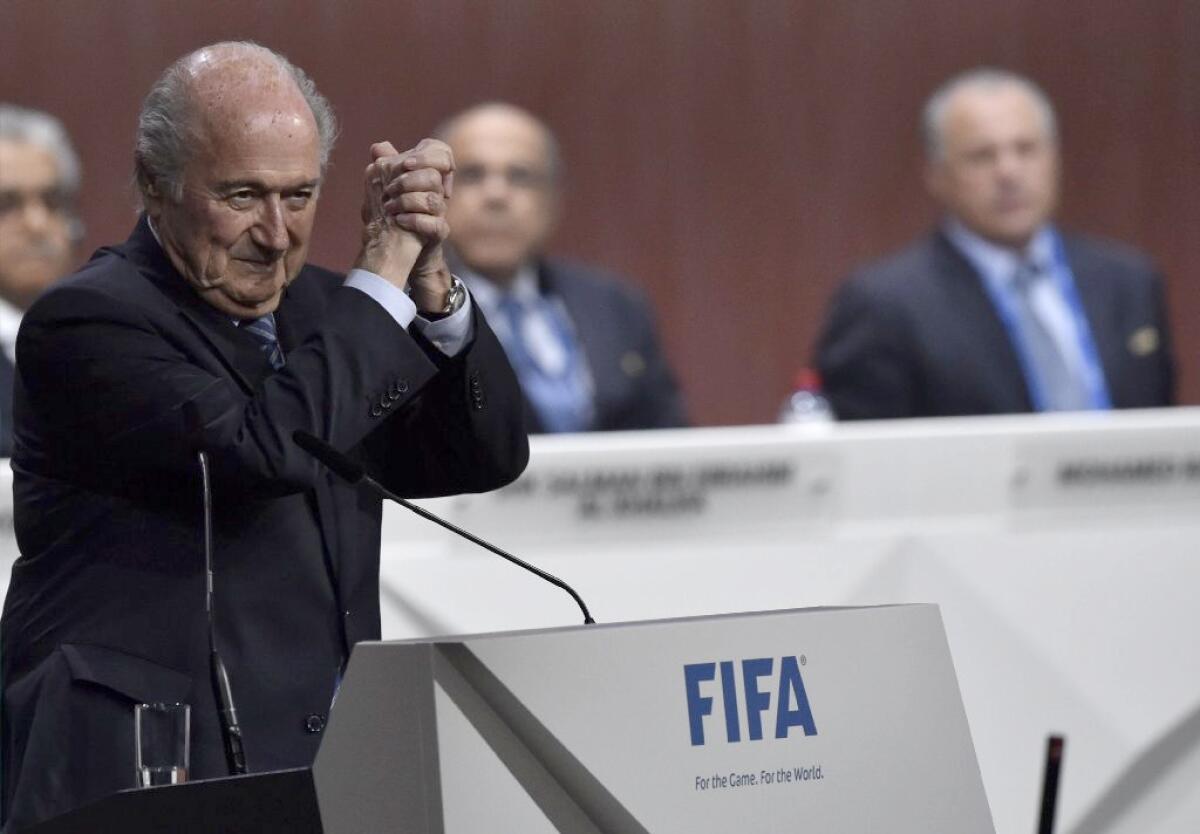 FIFA President Sepp Blatter gestures as he speaks after being reelected in Zurich, Switzerland.