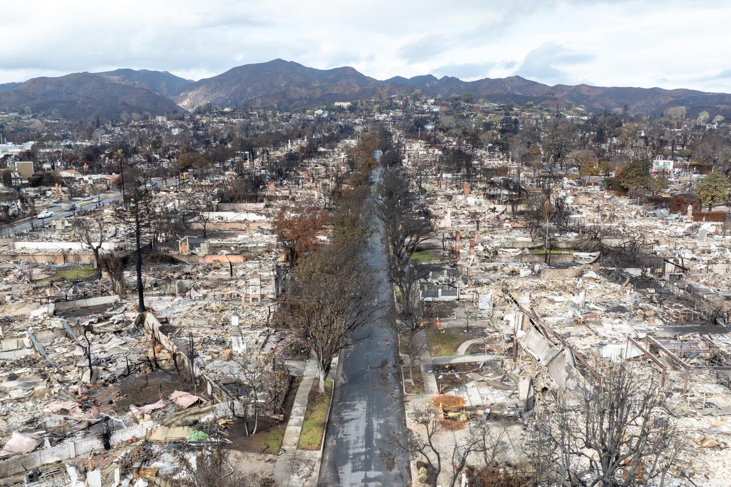 Aerial views of the "alphabet street" Galloway St. recently ravaged by the Palisades fire in January.