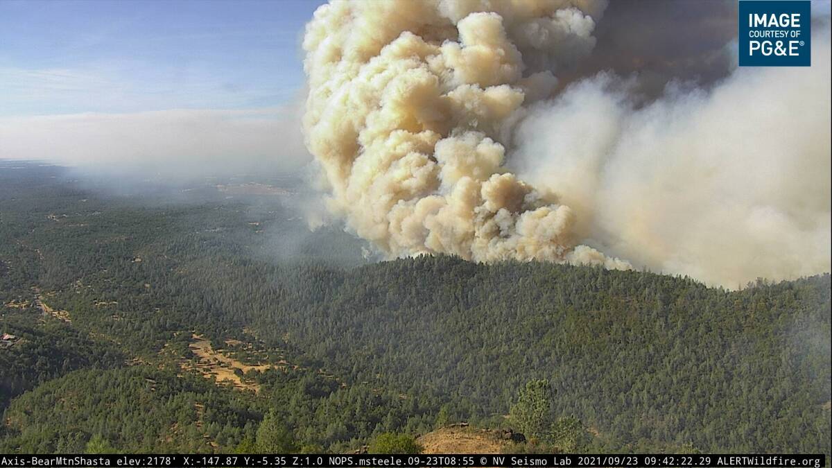 A plume of smoke from the Fawn fire in Shasta County.