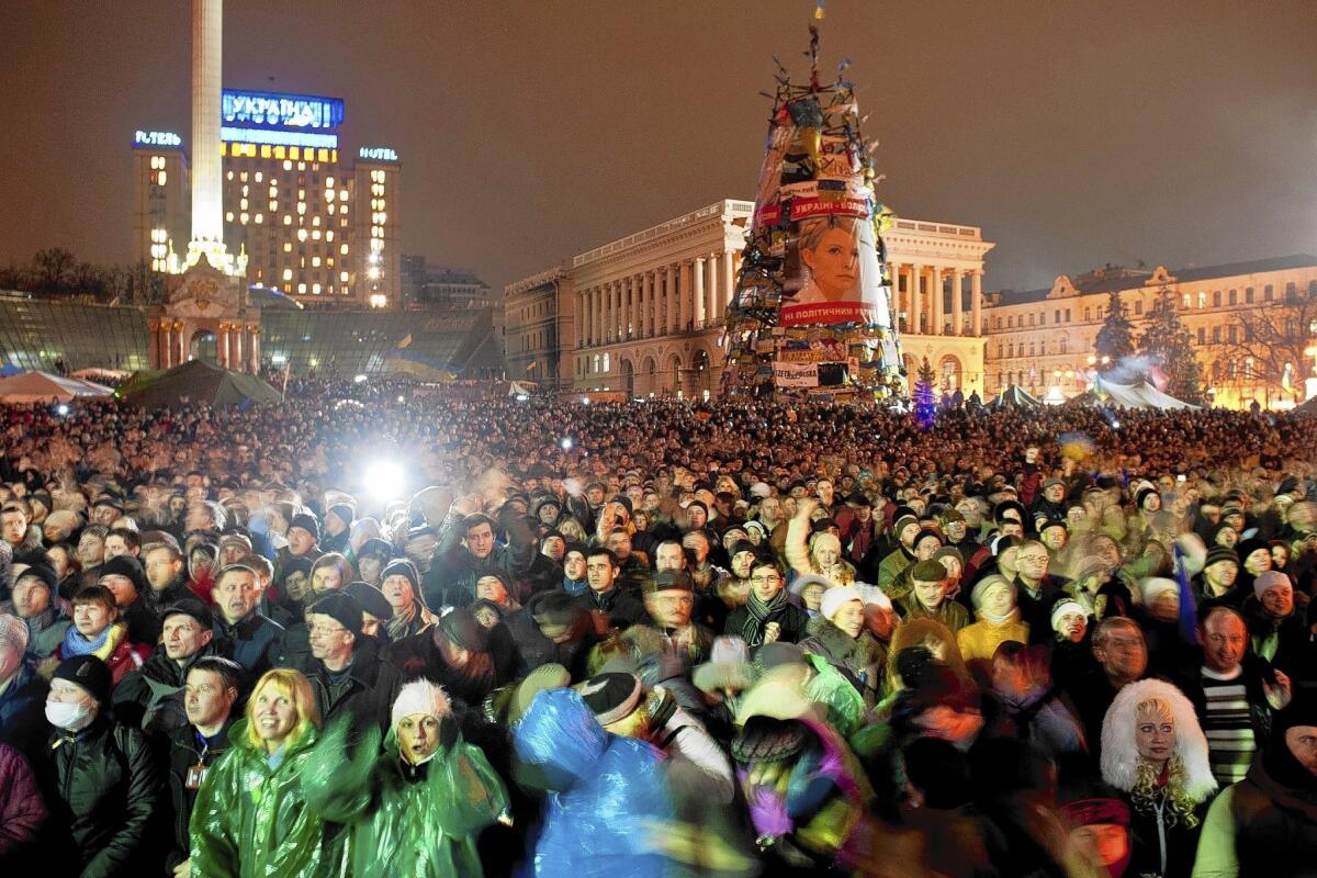 Thousands of antigovernment protesters fill Independence Square in Kiev, Ukraine, to listen to an address by newly freed opposition leader Yulia Tymoshenko.