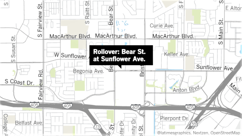 Map showing location of a fatal rollover collision at intersection of Bear Street and Sunflower Avenue.