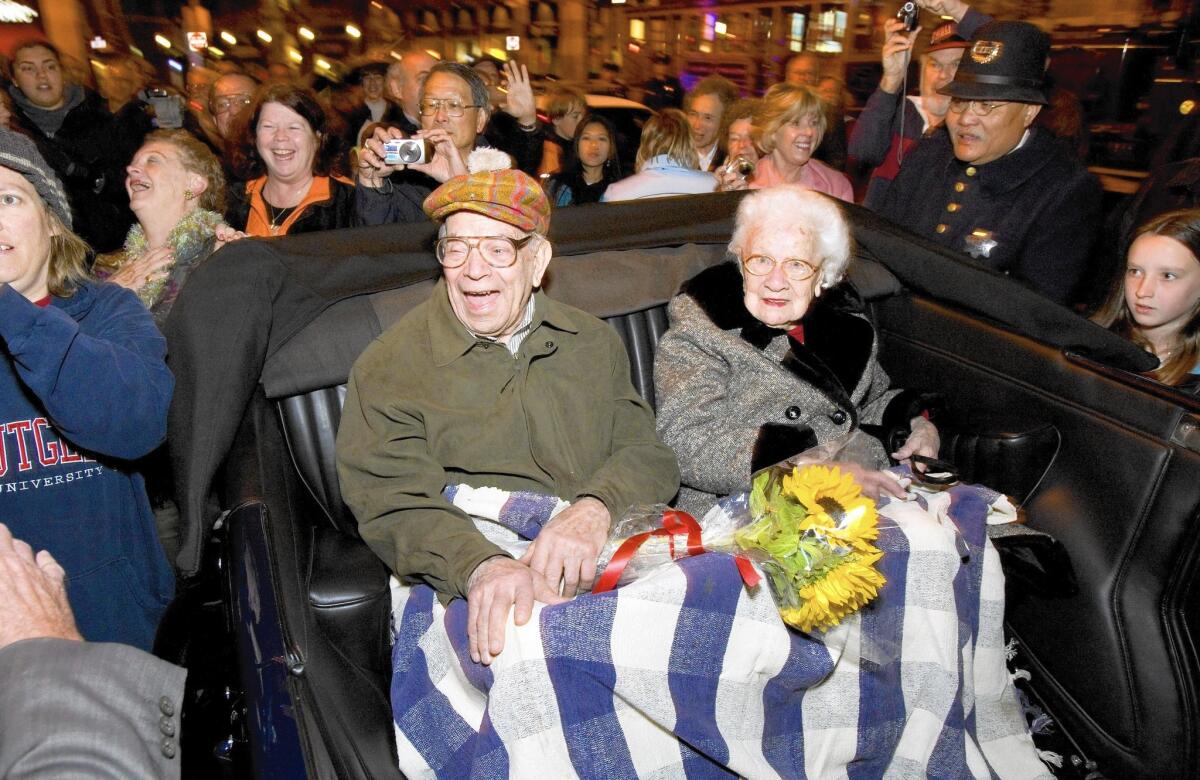WIlliam Del Monte and Rose Cliver, survivors of the 1906 San Francisco earthquake and fire, are shown at a commemoration ceremony in 2009. Del Monte died Monday, 11 days shy of his 110th birthday.