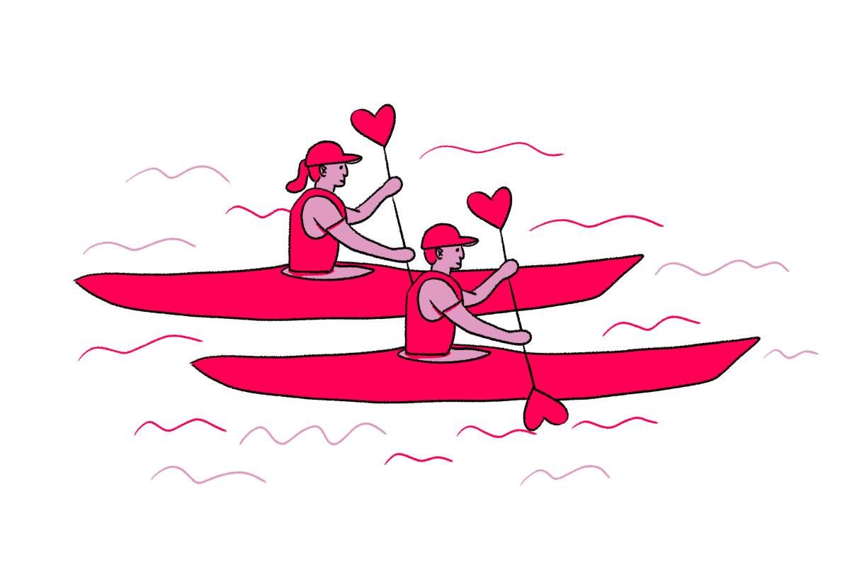 Illustration of two kayakers with heart-shaped oars.