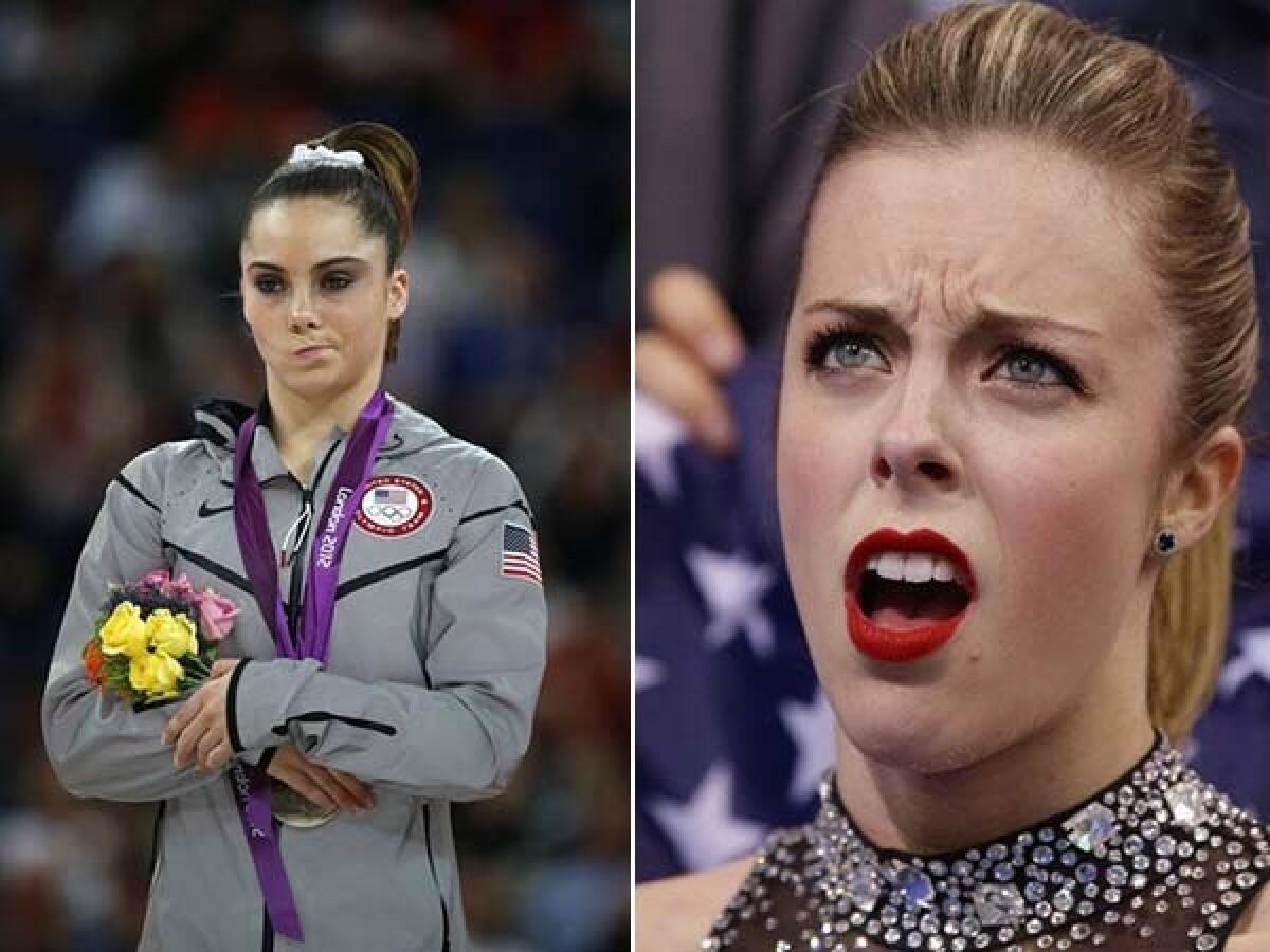 U.S. gymnast McKayla Maroney, left, and U.S. figure skater Ashley Wagner, right, are seen making faces that became memes of the 2012 and 2014 Olympics.