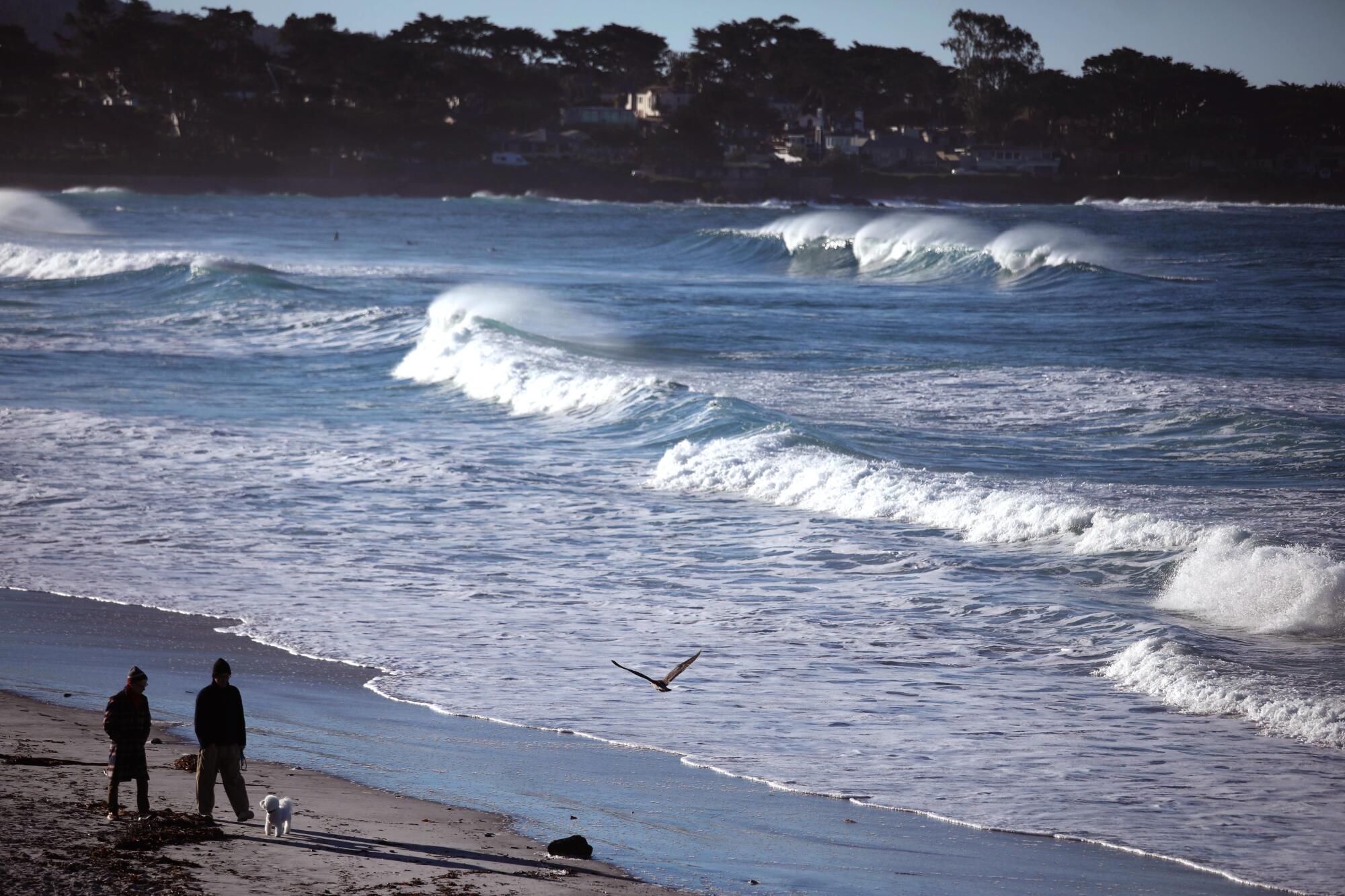 A couple walk the beach during high tide in Carmel-by-the-Sea. 