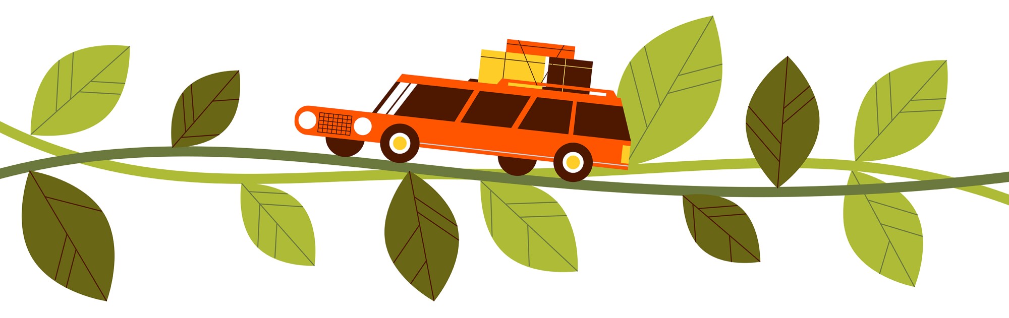 Illustration of a station wagon with boxes strapped to the roof driving across a vine.