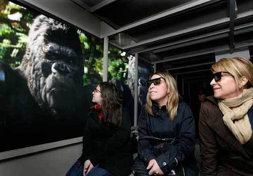 Riders view a test screening of the new King Kong 360 3-D attraction aboard a mock-tram at a Playa Vista airplane hangar.