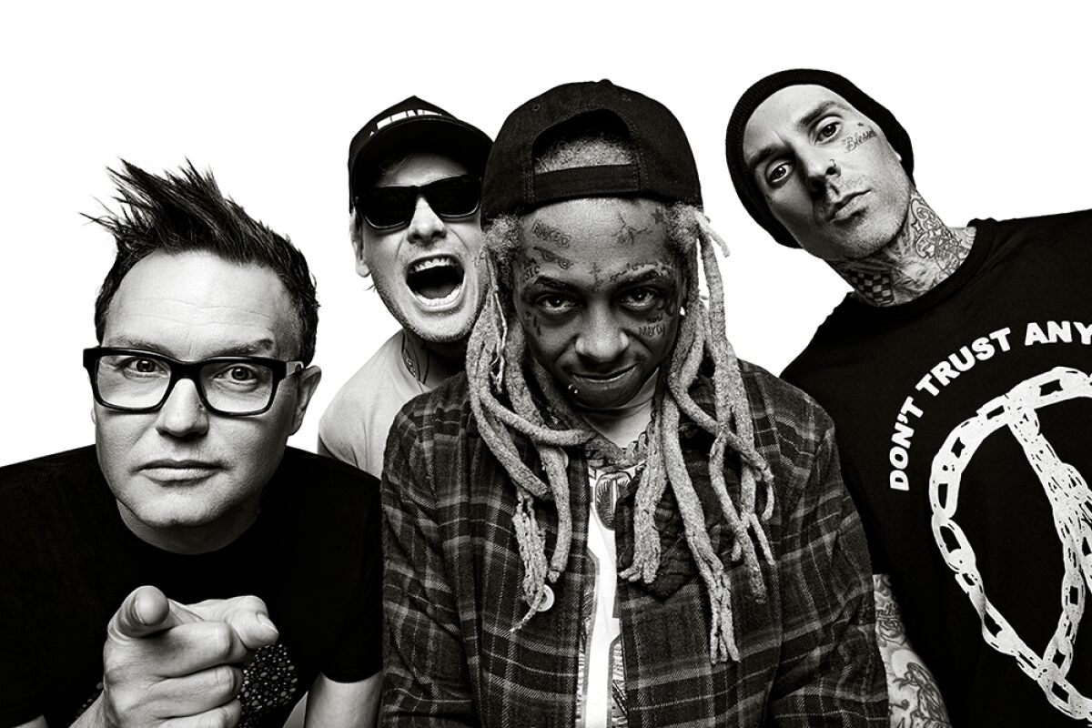 The Poway-bred pop-punk trio blink-182 will tour with rapper Lil Wayne this summer. Shown above, from left, are Mark Hoppus, Matt Skiba, Lil Wayne and Travis Barker.