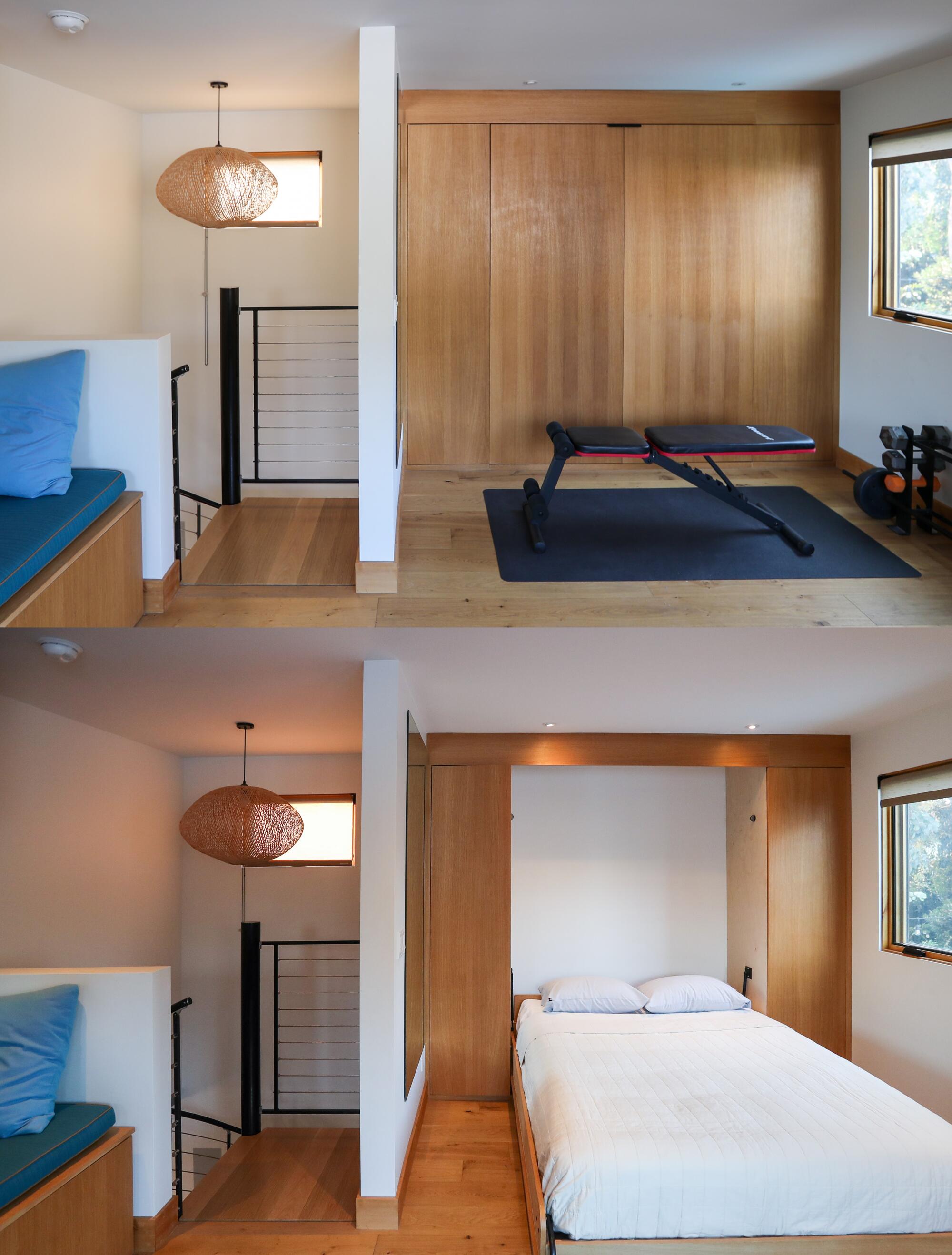 Two images on top of each other, of a Murphy bed closed, top, and then pulled down, bottom
