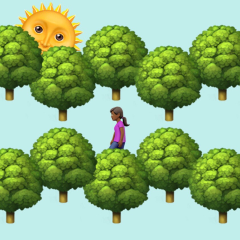 Illustration with trees, the sun and a girl walking.
