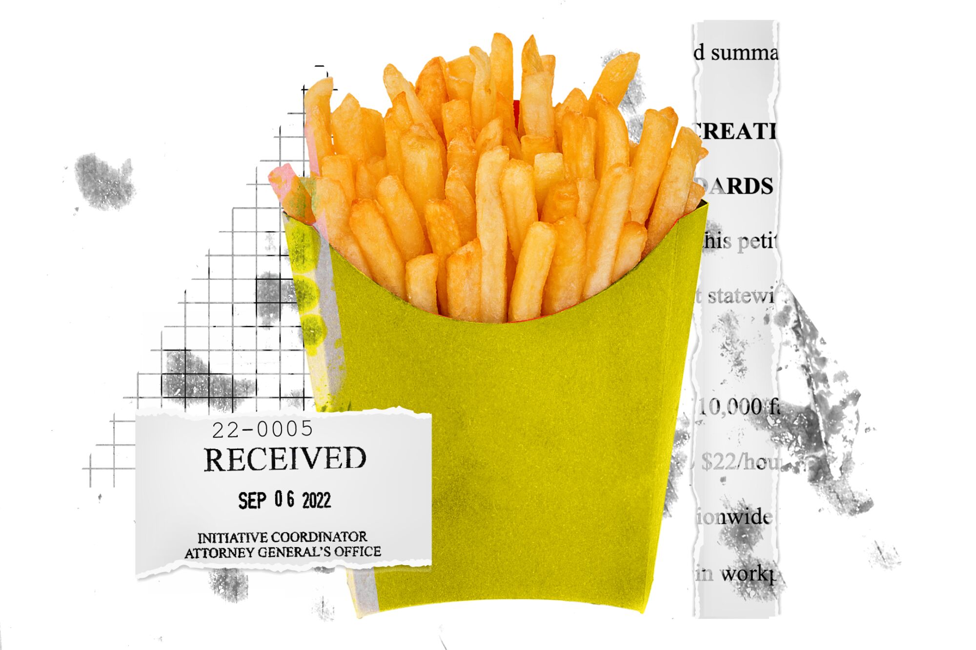 A collage illustration shows French fries and torn pieces of legal documents related to the fast-food workers referendum.