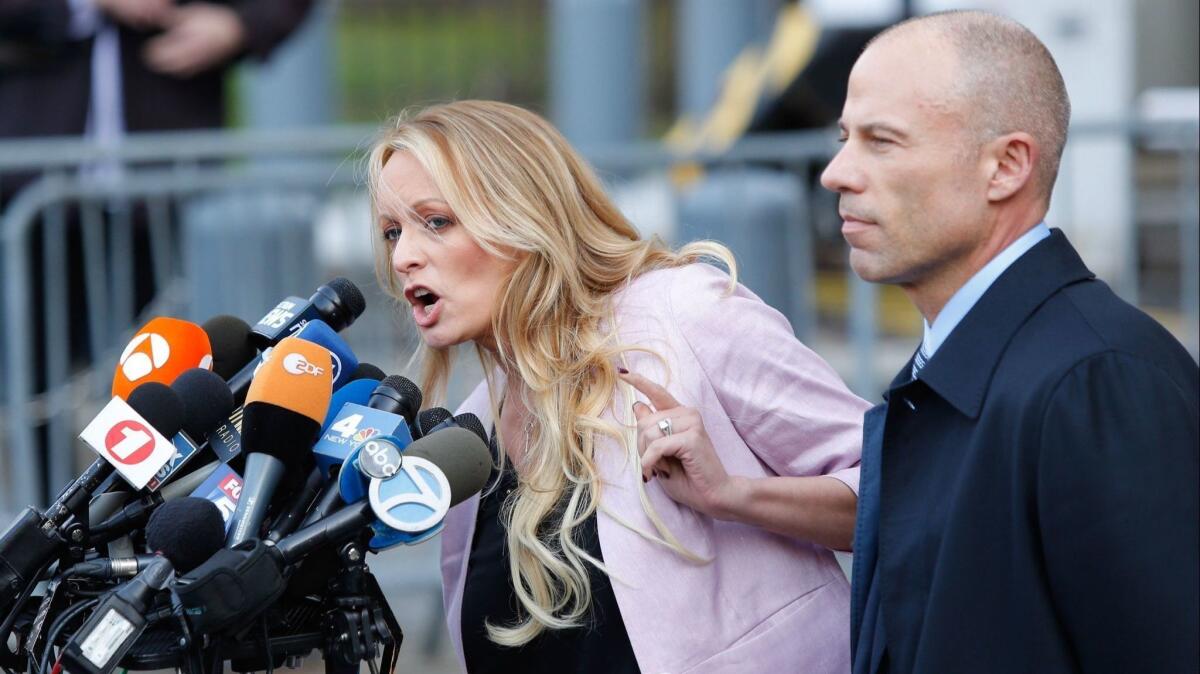 Michael Avenatti with his client, porn actress Stormy Daniels, in New York on April 30.