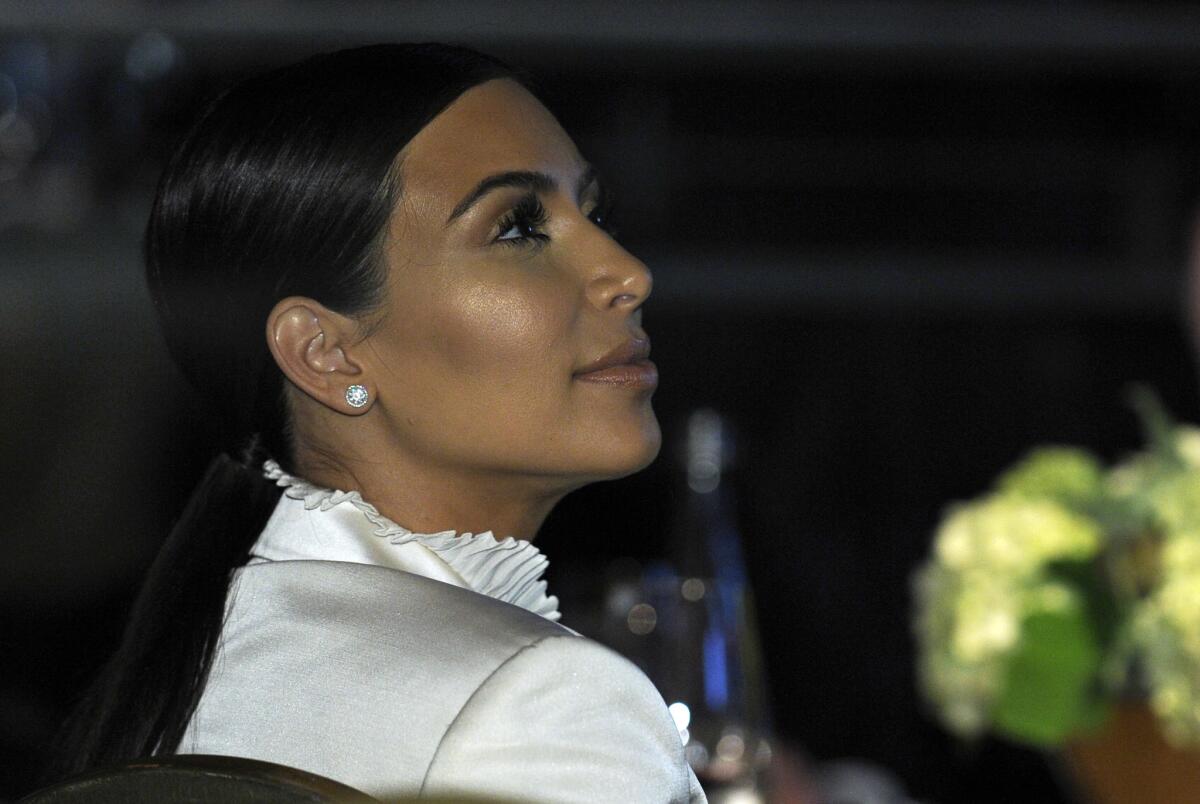 Kim Kardashian attends the USC Shoah Foundation's 20th anniversary Ambassadors for Humanity gala on Wednesday in Los Angeles. At the event, President Obama received an Ambassador for Humanity Award presented by Steven Spielberg.