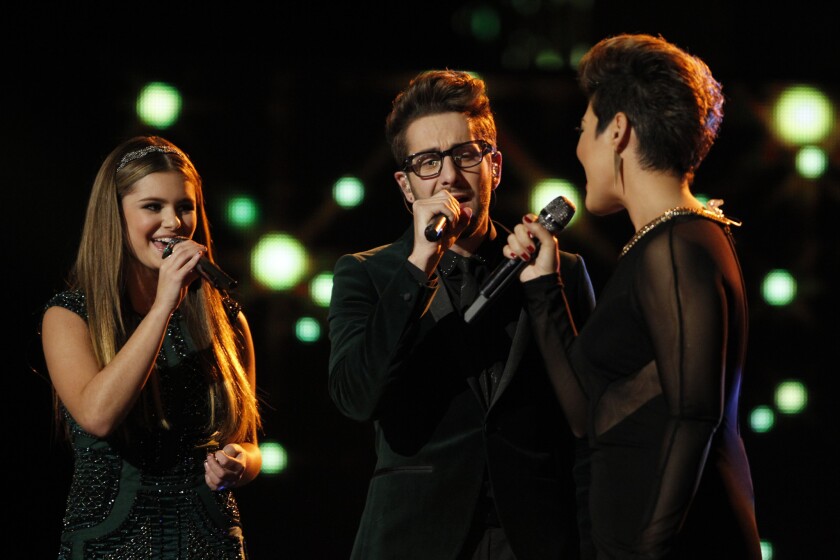 Jacquie Lee, left, Will Champlin and Tessanne Chin perform on "The Voice."
