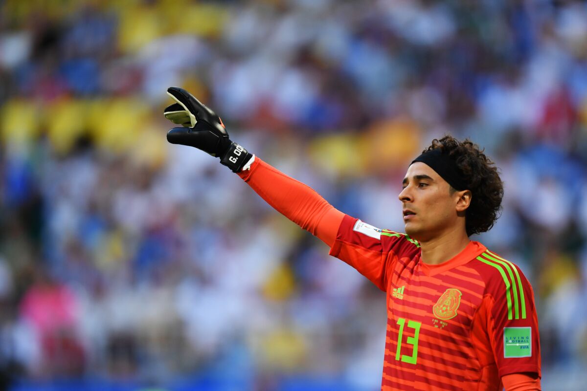 Guillermo Ochoa of Mexico looks on during the 2018 FIFA World Cup Russia Round of 16 match between Brazil and Mexico at Samara Arena on July 2, 2018 in Samara, Russia.