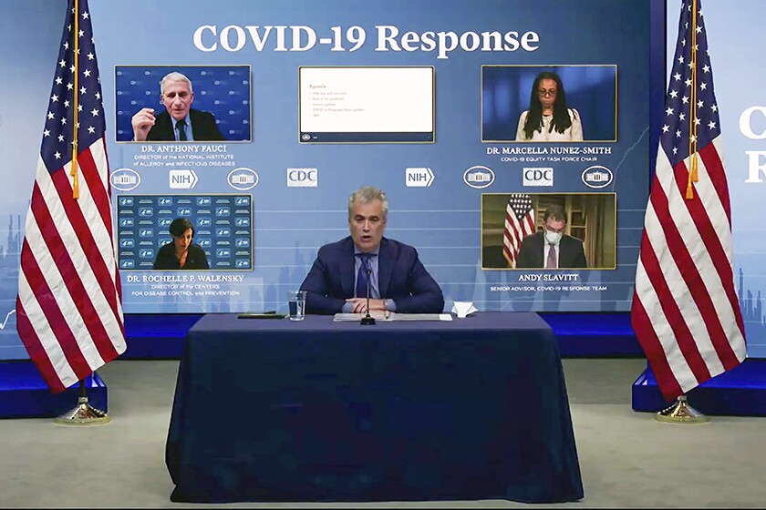 Jeff Zients, the White House coronavirus coordinator, leads a virtual health briefing on Jan. 27, 2021