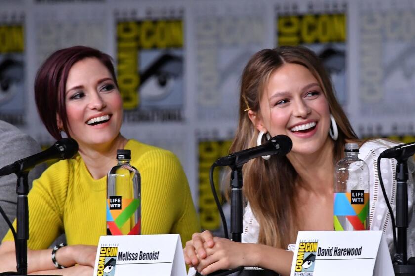 SAN DIEGO, CA - JULY 21: Chyler Leigh (L) and Melissa Benoist speak onstage at the "Supergirl" Special Video Presentation and Q&A during Comic-Con International 2018 at San Diego Convention Center on July 21, 2018 in San Diego, California. (Photo by Mike Coppola/Getty Images) ** OUTS - ELSENT, FPG, CM - OUTS * NM, PH, VA if sourced by CT, LA or MoD **