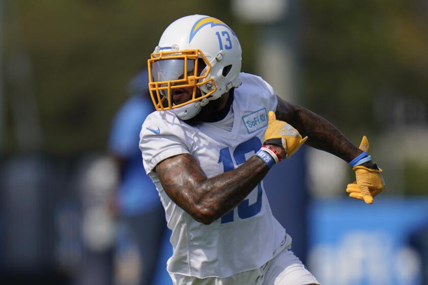 Chargers wide receiver Keenan Allen participates in a drill during a training session Aug. 19, 2020, in Costa Mesa.