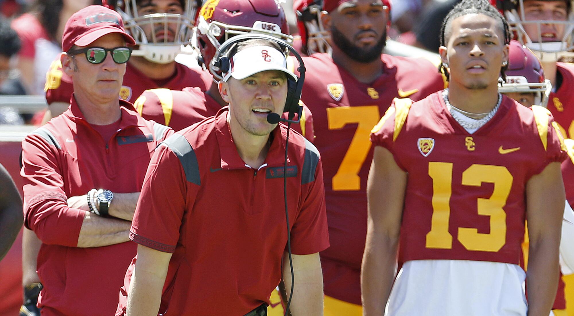 USC coach Lincoln Riley watches from the sideline during the Trojans' spring game at the Coliseum in April.