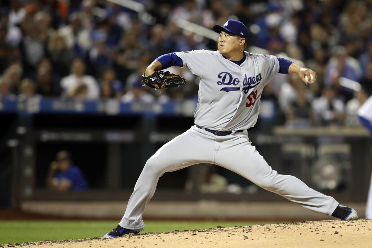 Dodgers left-hander Hyun-Jin Ryu pitches during his team's 3-0 loss to the Mets on Sept. 14, 2019.