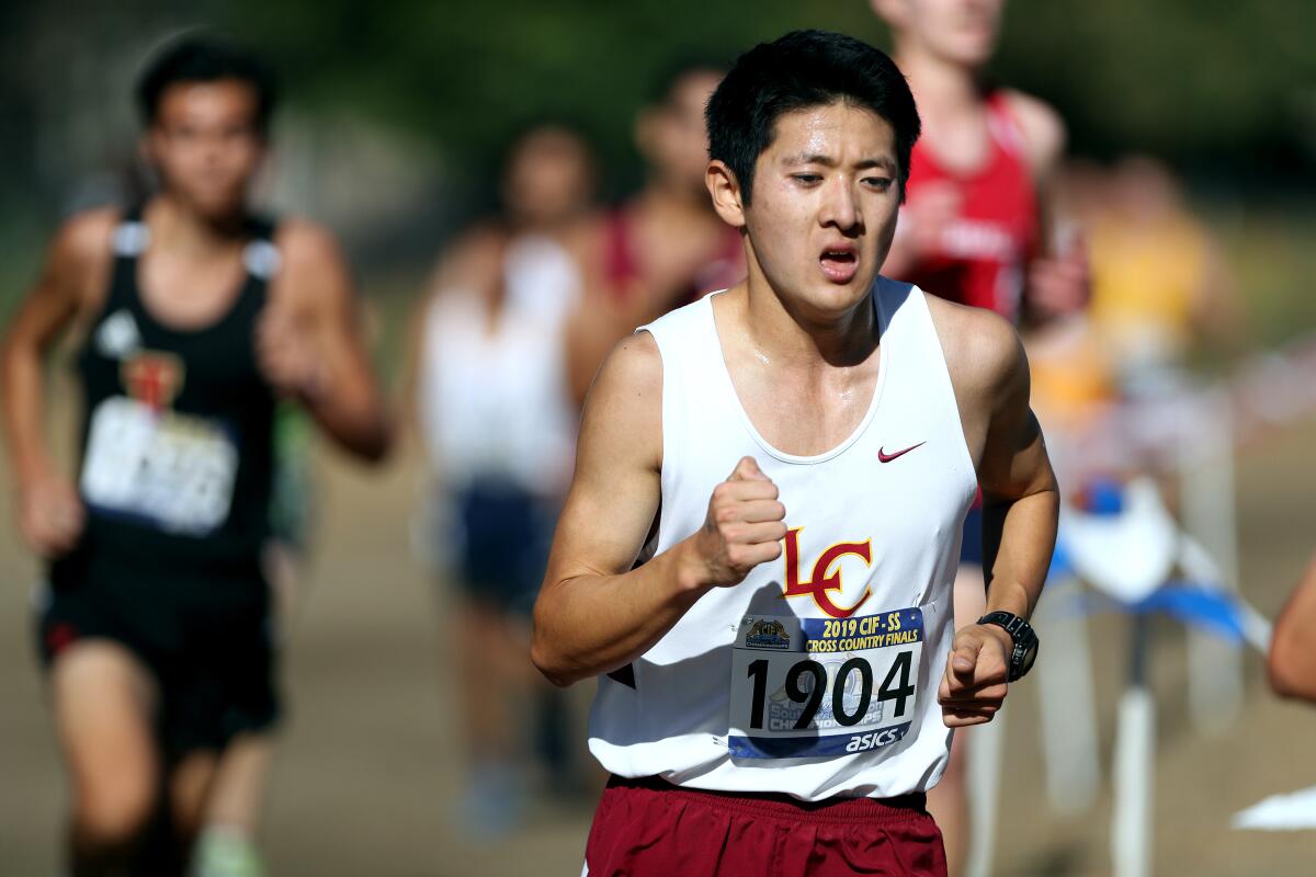 La Canada senior Sheldon Watanabe ran in the boys division 4 CIF Southern Section Cross Country Finals, at Riverside City Cross-Country Course in Riverside on Saturday, Nov. 23, 2019.