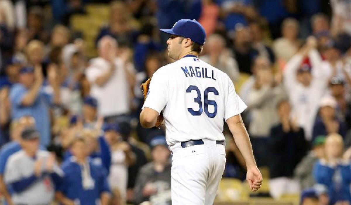 In his first major league start, Matt Magill gave up three runs on four hits and two walks over 6 2/3 innings while striking out seven batters.