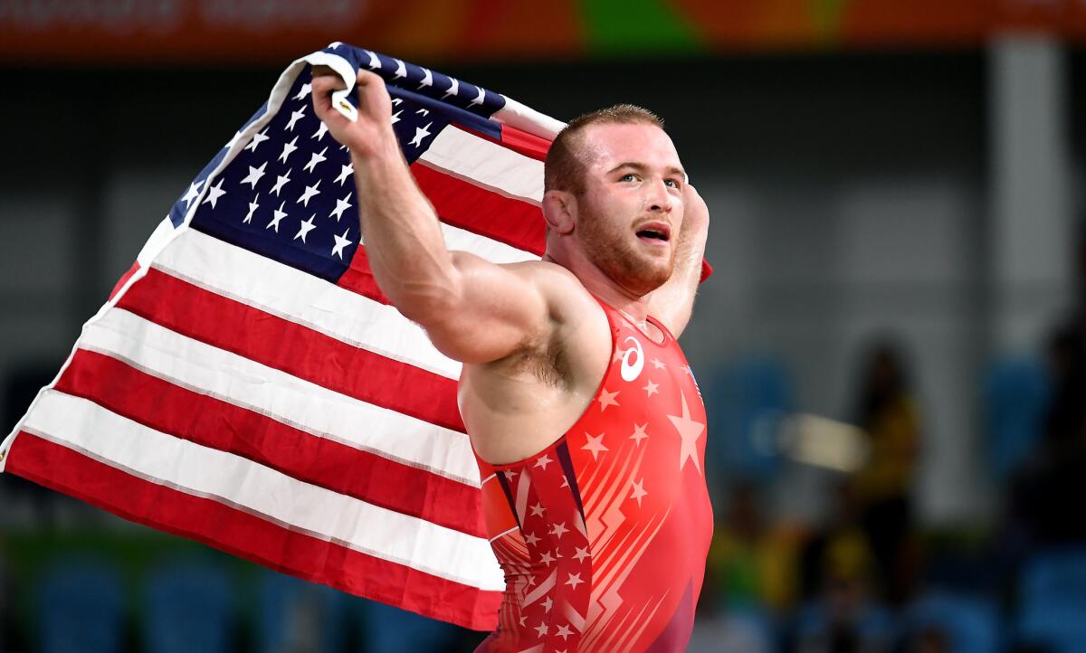 American Kyle Snyder celebrates after winning a gold medal in freestyle wrestling at the Rio Summer Olympics on Aug. 21.