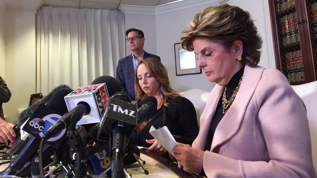 Gloria Allred, right, with her client Louisette Geiss, who claims Harvey Weinstein sexual harassed her.