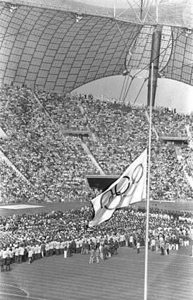 The memorial service at the 1972 Olympic Games in Munich. The service was held in the Olympic Stadium in memory of the 11 Israeli athletes who had been gunned down by Palestinian terrorists the day before. The Israeli team subsequently withdrew as the Games continued, somewhat subdued, after a 24-hour suspension.