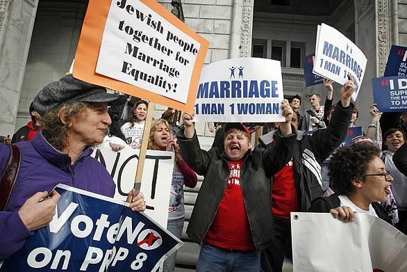 Prop. 8 supporters face off with opponents of the measure in San Francisco.