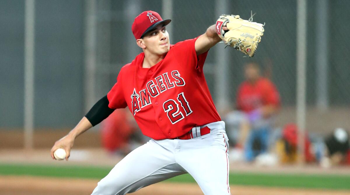 Angels prospect Chris Rodriguez delivers a pitch during a 2019 spring training game.