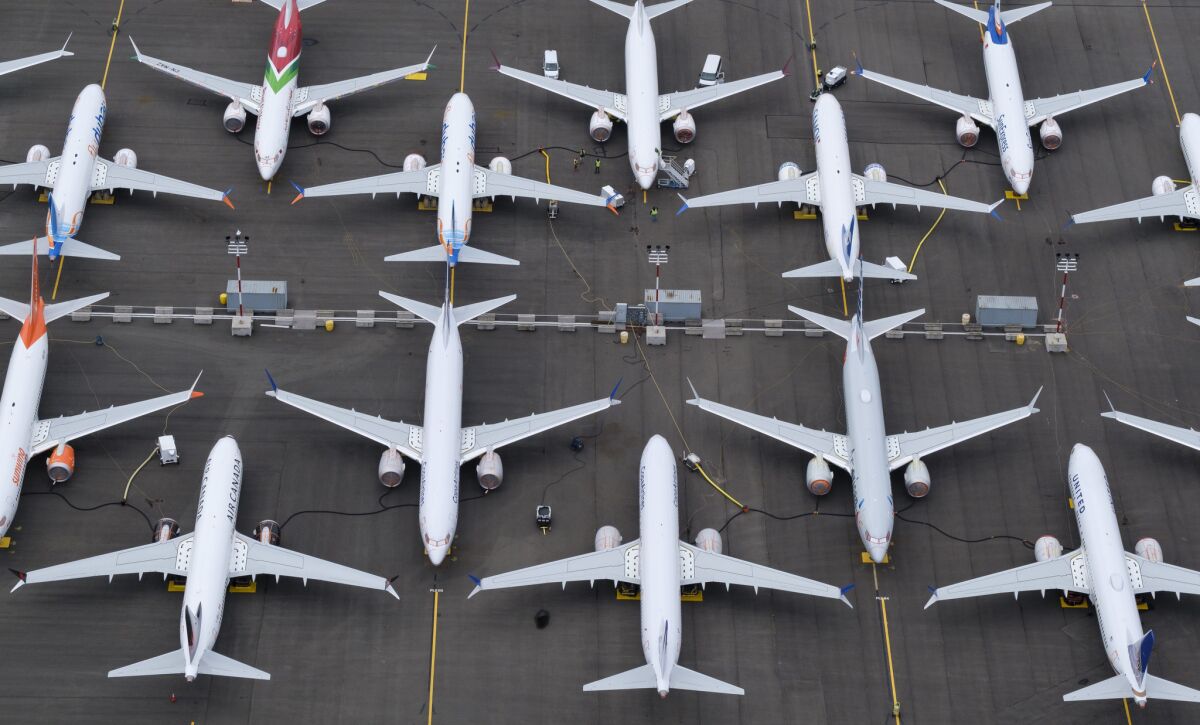 Boeing 737 MAX airplanes stored in an area adjacent to Boeing Field in Seattle.