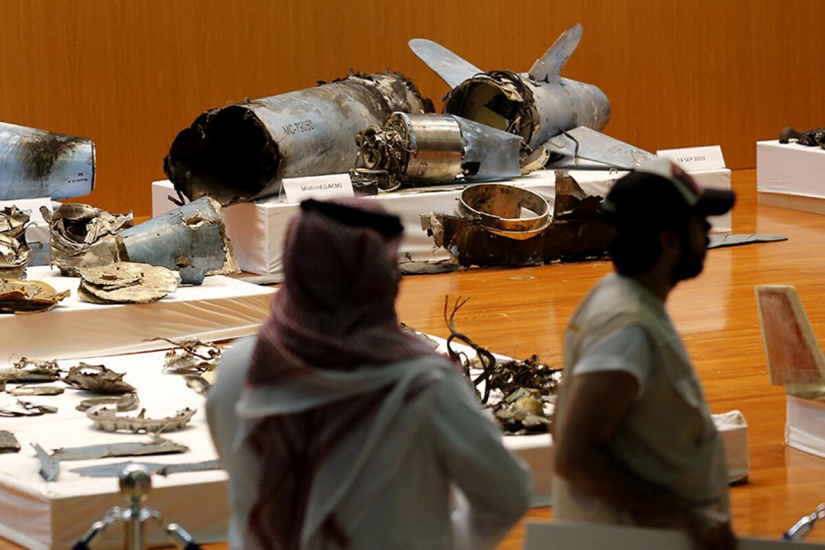 The Saudi military displays what it says is evidence of Iranian weaponry used in attacks during a news conference Sept. 18 in Riyadh, Saudi Arabia.