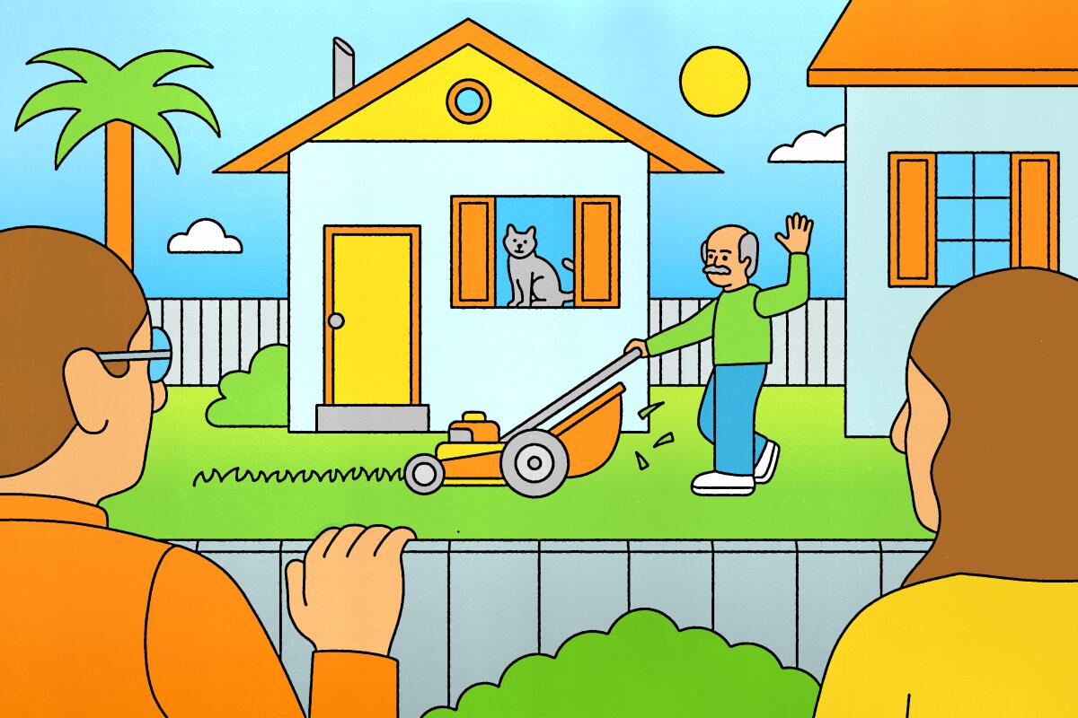 Illustration shows a man mowing the lawn in front of his ADU and waving to his neighbors. A cat watches from the ADU window.
