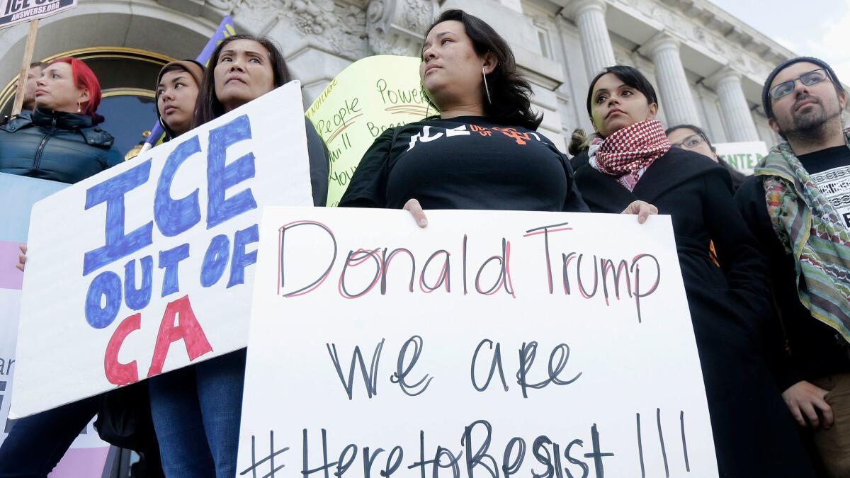 Immigration activists at a January rally outside City Hall in San Francisco.