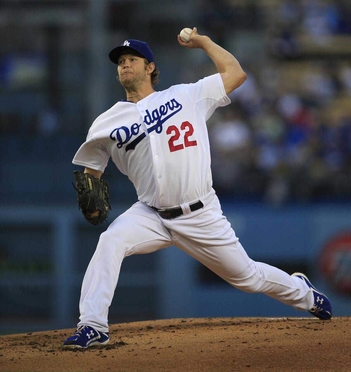 Clayton Kershaw delivers a pitch during the second inning of the Dodgers' 8-0 victory over the Atlanta Braves.