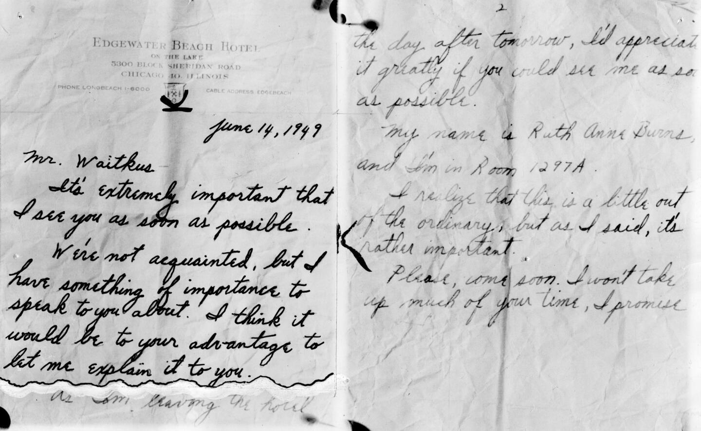 The note Ruth Steinhagen, 19, wrote to lure baseball player Eddie Waitkus to her hotel room, where she then shot him. The note was delivered to Waitkus by a bellboy.