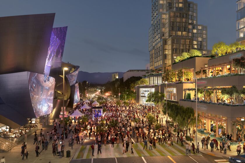 A rendering of the Grand, an apartment-hotel-restaurant-retail complex across from Walt Disney Concert Hall.