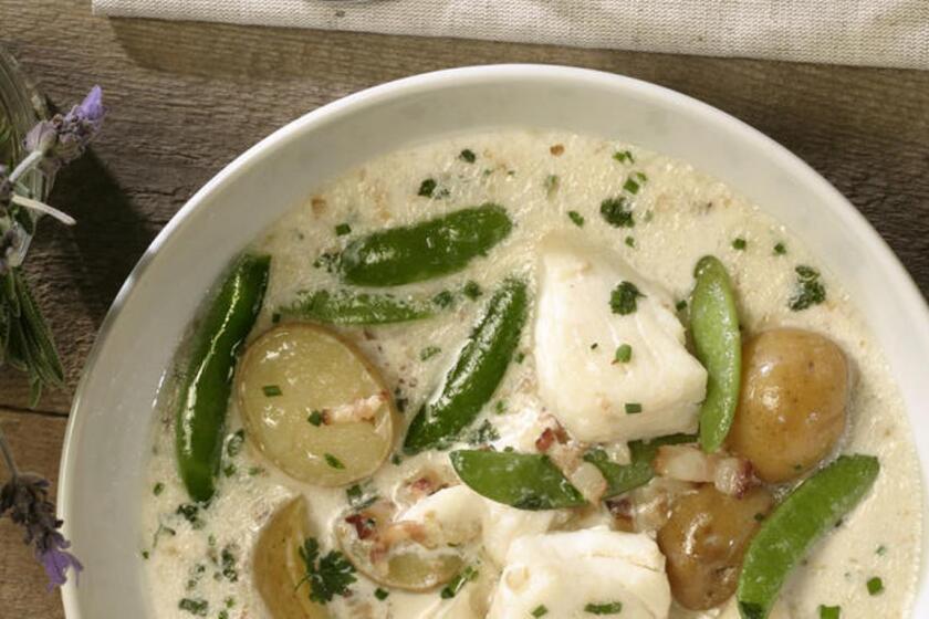 An approach to fish chowder that's purely springtime. Recipe: Halibut chowder with spring herbs and sugar snap peas